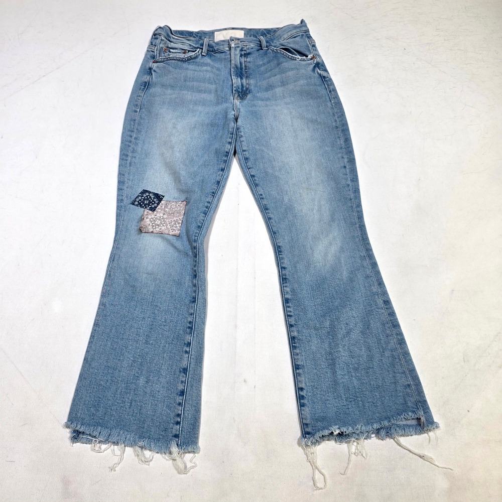 Mother Superior Flare Jeans Women 27 Blue Patchwork Bandana Raw Hem High Rise